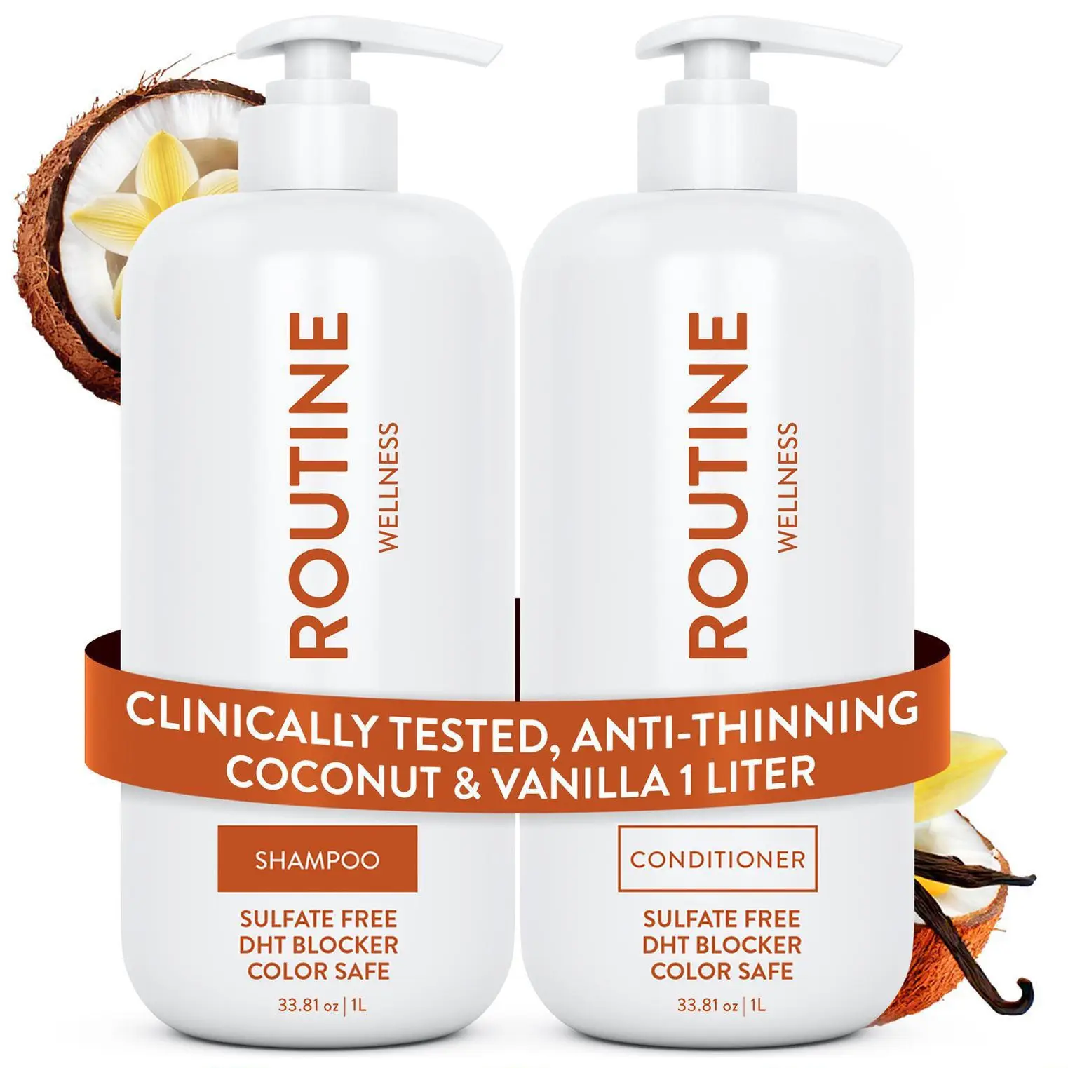 Routine Wellness 1L Anti-Thinning Volumizing Haircare Shampoo & Conditioner Set - Biotin, DHT Blockers, Tea Tree, Argan, Scented Cleanser for Thinning Hair - Organic Mild Formula