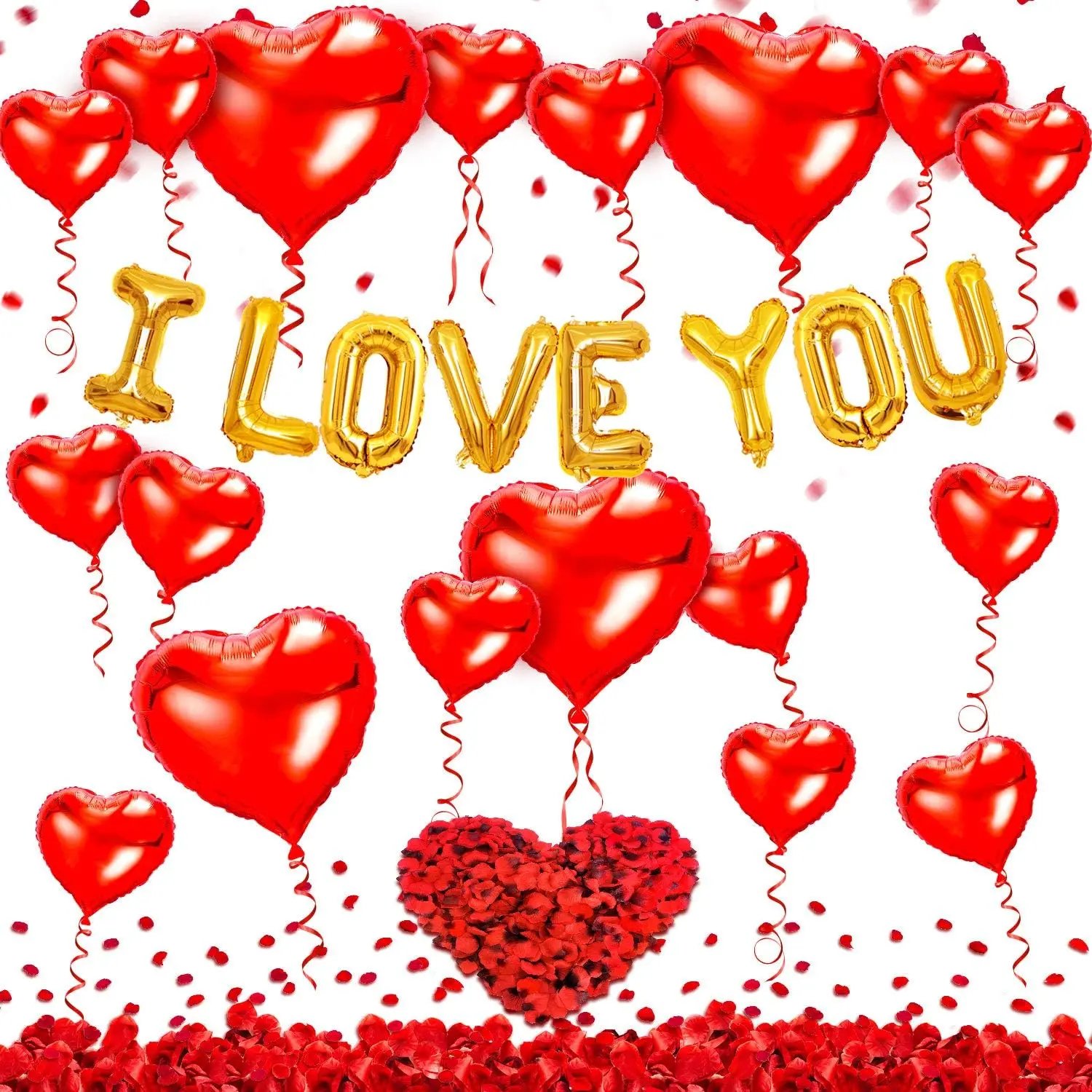 Aluminium Heart-Shape Balloons and "I Love You" Balloons Set with Floral Rose Petals, Valentine's Day Party Decor for Festive Home Supplies