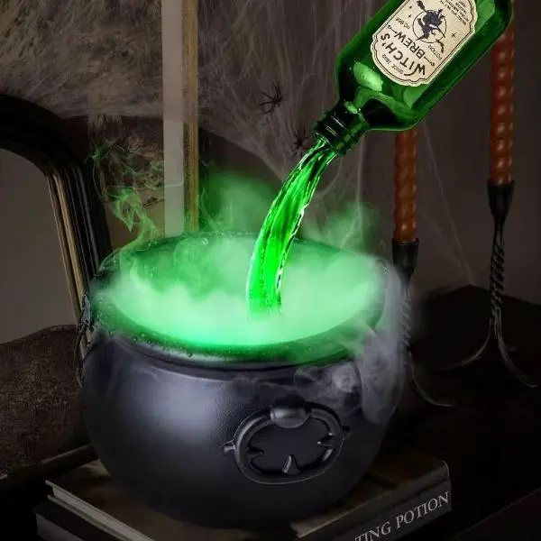 Halloween Decorations Indoor, Cauldron Halloween Decor with Magic Floating Potion Bottles & Fog Maker, Black Plastic Witch Bowl with Skeleton, Spooky Hocus Party Decor Pocus for Halloweens (D-19.5cm)