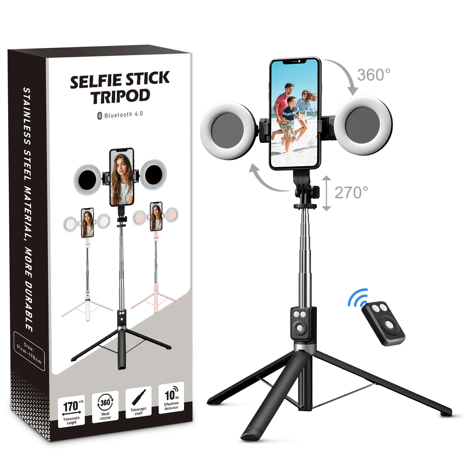 6-in-1 Smartphone Selfie Tripod-Stick with Dual Fill Lights, Bluetooth Wireless Remote Control, Compact Adjustable 360° Rotatable Detachable Handheld Travel Stand, Phone Holder Accessory for Android Cellphone & Phone Accessories