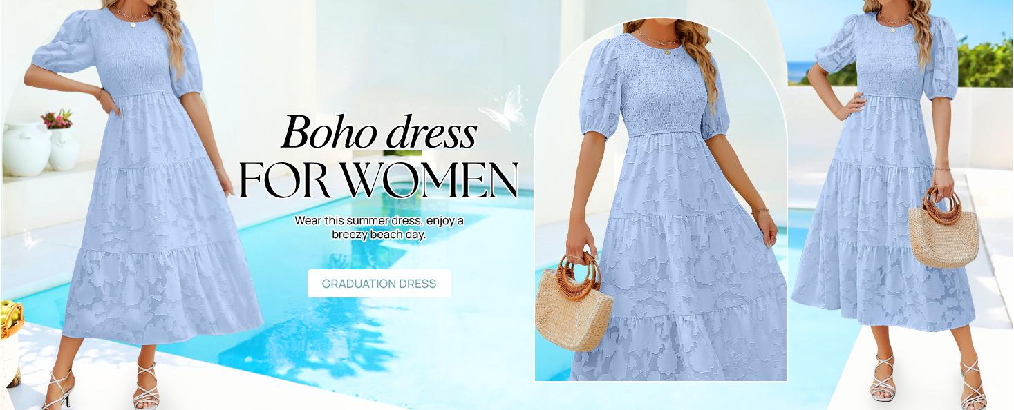 ZESICA Women's 2026 Summer Short Puff Sleeve Crewneck Smocked Floral Lace Flowy A Line Tiered Maxi Dresses