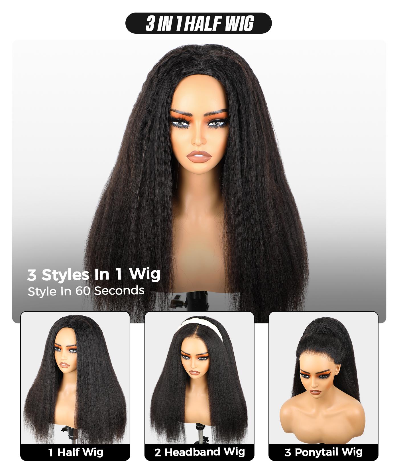 [3 In 1 Half Wig] OQ HAIR Kinky Straight Half Wig Yaki Straight Wavy Easy Wear Go Wig No Glue With Drawstring Invisible Hairline Butterfly Cut Human Hair Glueless Wigs #SummerVibes
