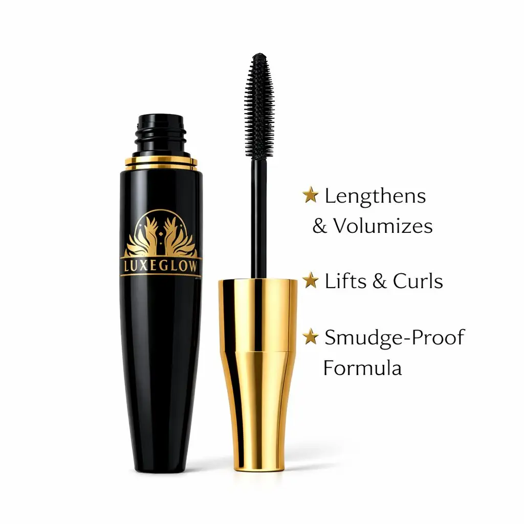 Luxe Glow Voluminous Black Mascara with Gold Accents - Waterproof, Lengthening, Volumizing, Lifting, Curling, Smudge-Proof - Mascara Volume and Length, Long Lasting, Beauty, Volume, Single Item for Bold Lash Makeup Cosmetics