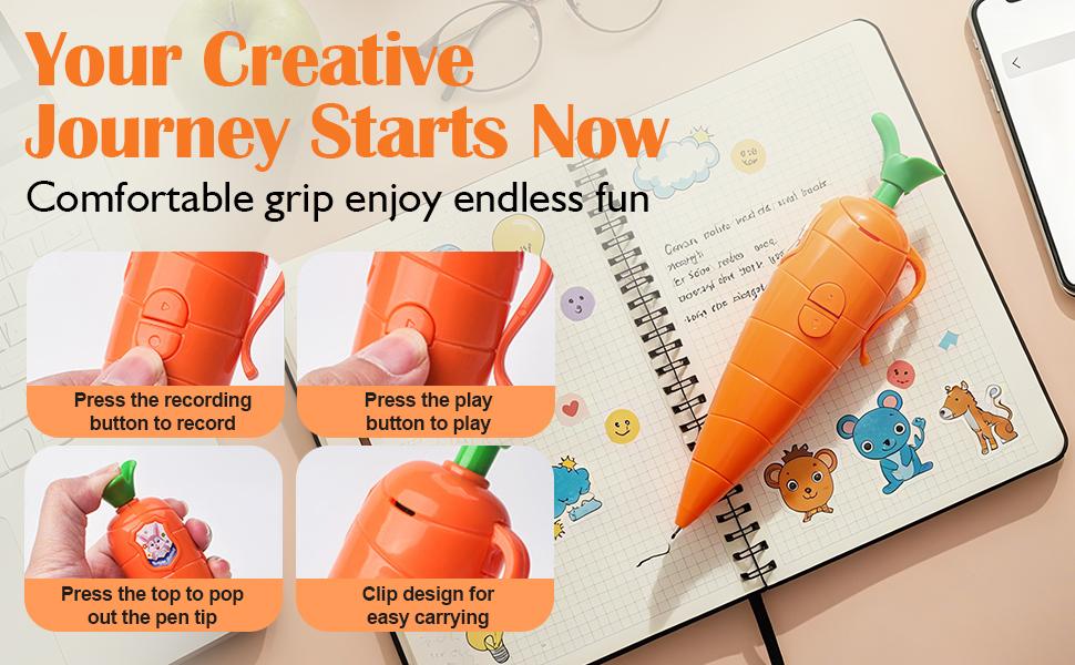 60-Second Voice Recorder with Playback & Audio Recorder Pen - Cute Carrot-Shaped Recorder Device, Smooth-Writing Ballpoint Pen - Fun & Creative Gift for Kids, Students, Teachers