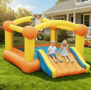 144in Inflatable Bounce House Large Size with Blower, Big Slide, Basketball Hoop & Inflatable Basketball, Outdoor/Indoor for Kids