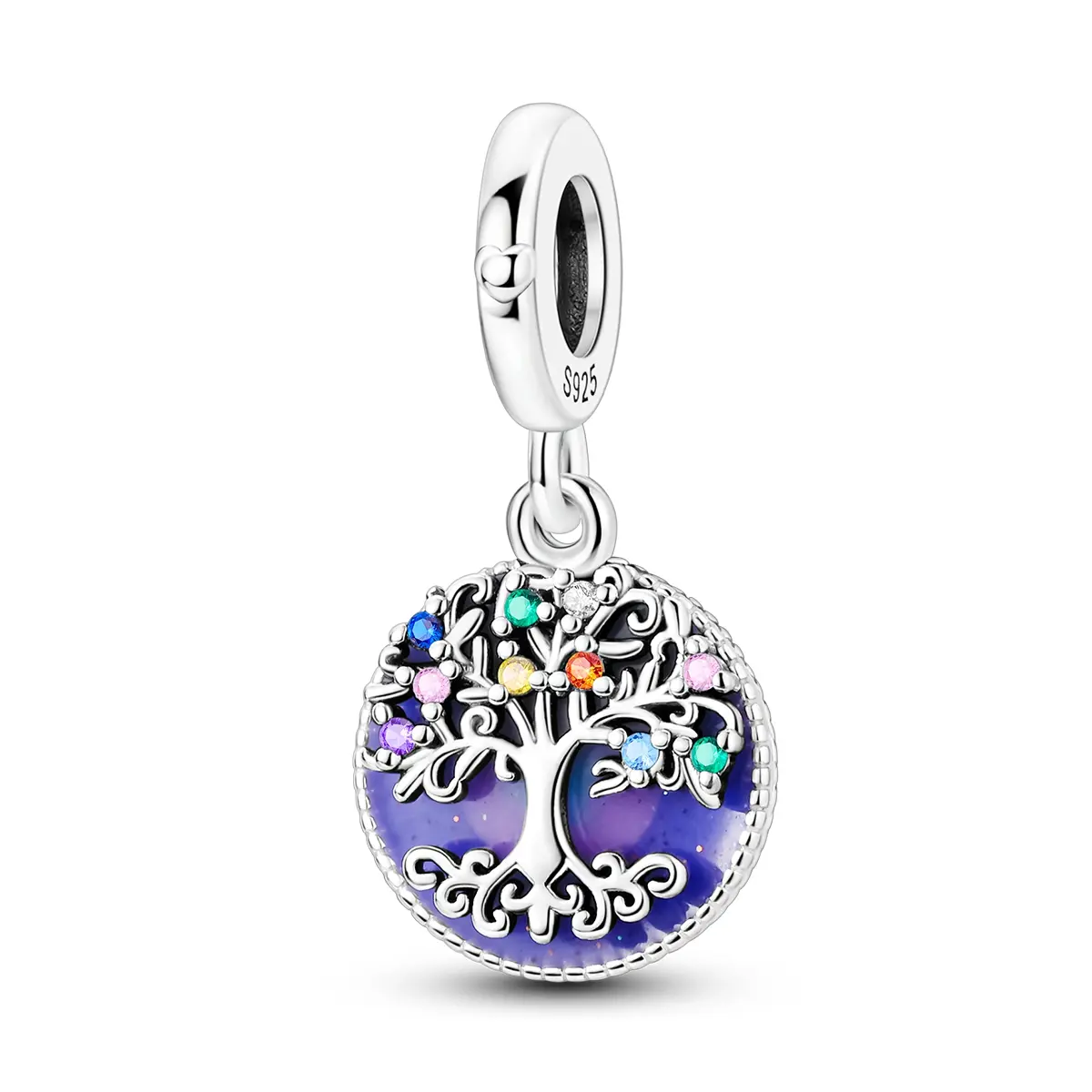 MULA S925 Silver-Plated Tree of Life Charm for Women, Casual Family Pendant with Colorful Cubic Zirconia & Purple Enamel, Pandora-Compatible, Personalized Pendant Necklace, Sentimental Necklaces, Birthday
