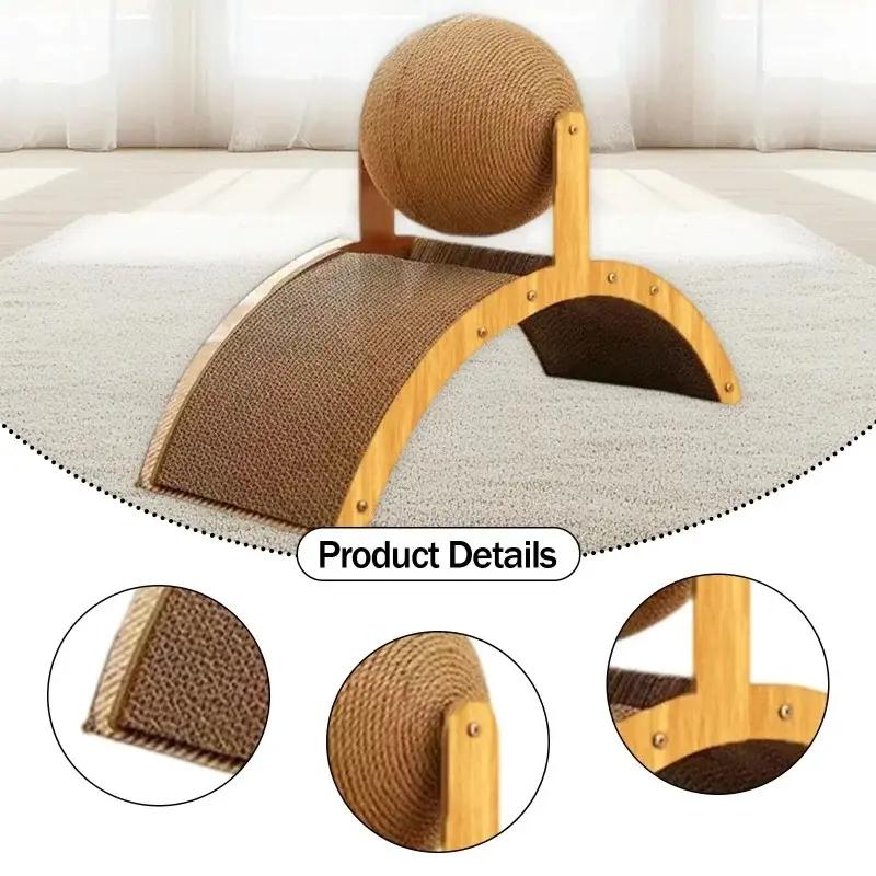 Cat scratching board with hanging ball toy and extra-tall scratching post. Stylish arch design, sturdy and durable. Wall-mounted to save space, a must-have essential for every cat owner.