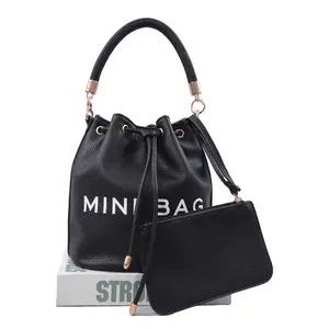 women's large-capacity handbag solid color letter printcrossbody bag drawstring pleated bucket bag