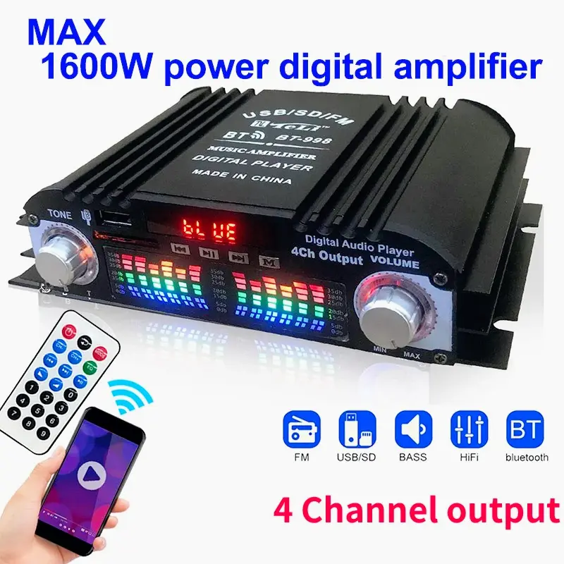 4-Channel Digital HiFi Sound Amplifier Device, Bluetooth Karaoke Player with FM Radio, USB Support, Full Surround Sound, 400W Peak Power, Remote Control for Enhanced Listening Experience Built In Amplifier Stereo Amplifier