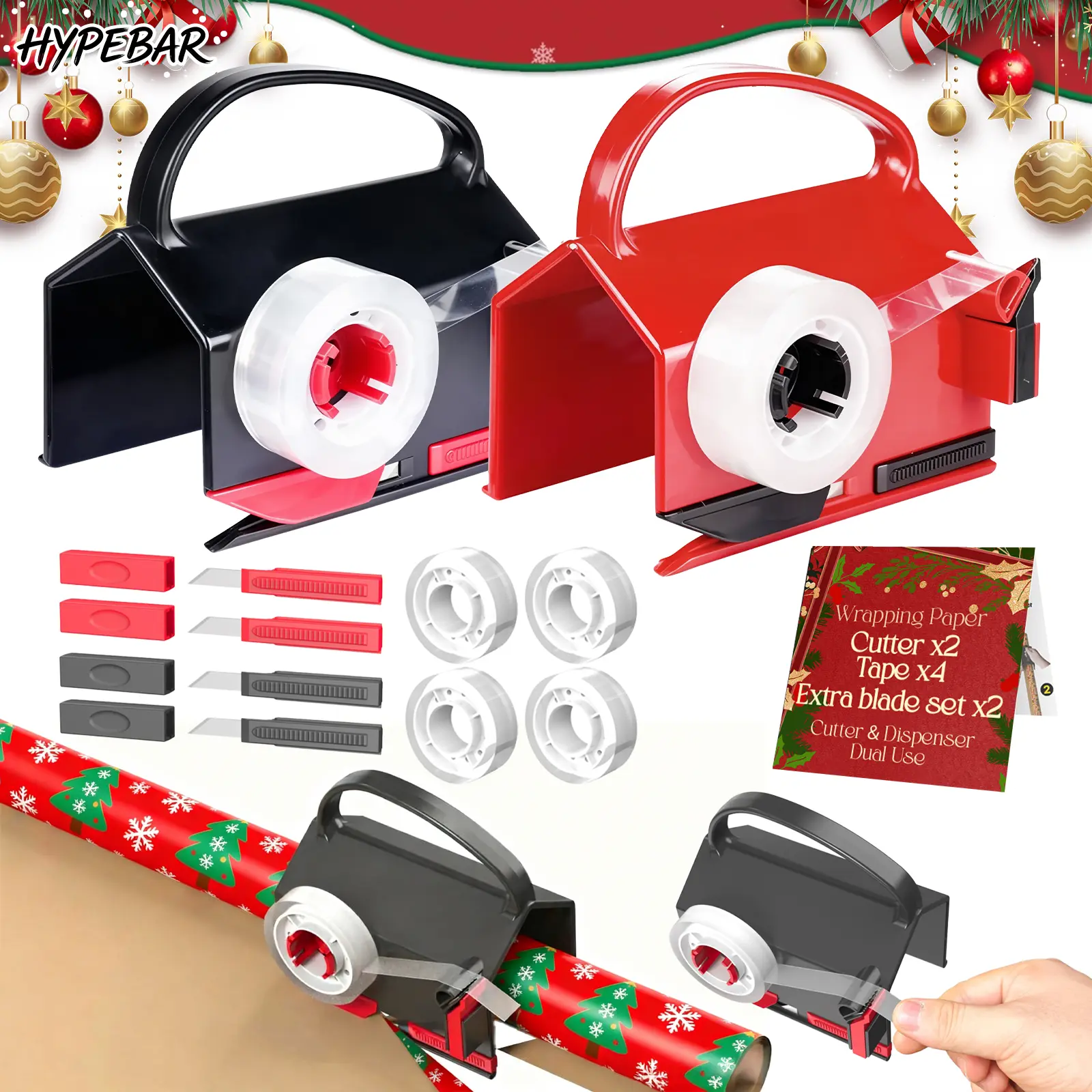 HYPEBAR 2-Cutters Cutter+Dispenser Kit - Ergonomic Handle, Non-Slip Base, 4 Tapes, 2 Replacement Blades, Paper Roll Holder Tube, Slices Cellophane/Kraft Paper, Handles Up to 1000 Gift Boxes, Ensures Smooth & Stress-Free Process (for Christmas/Birthday)
