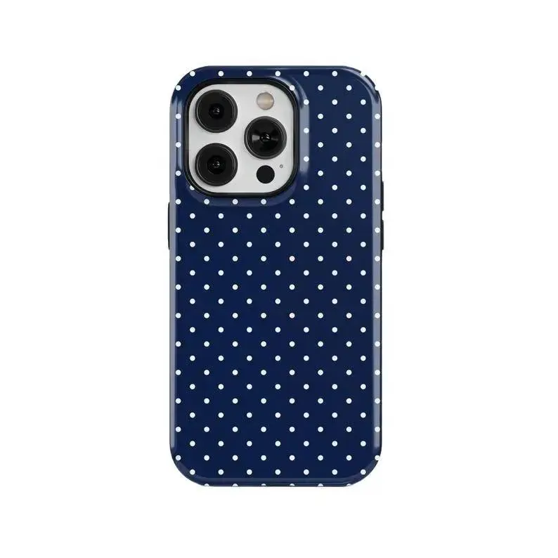 Glossy Dark blue background with white polka dot pattern, durable, shock-absorbing two-in-one large hole mobile phone case, suitable for iPhone 17 16 15 14 13 12 11 and other series models, can be given as a gift to friends or family