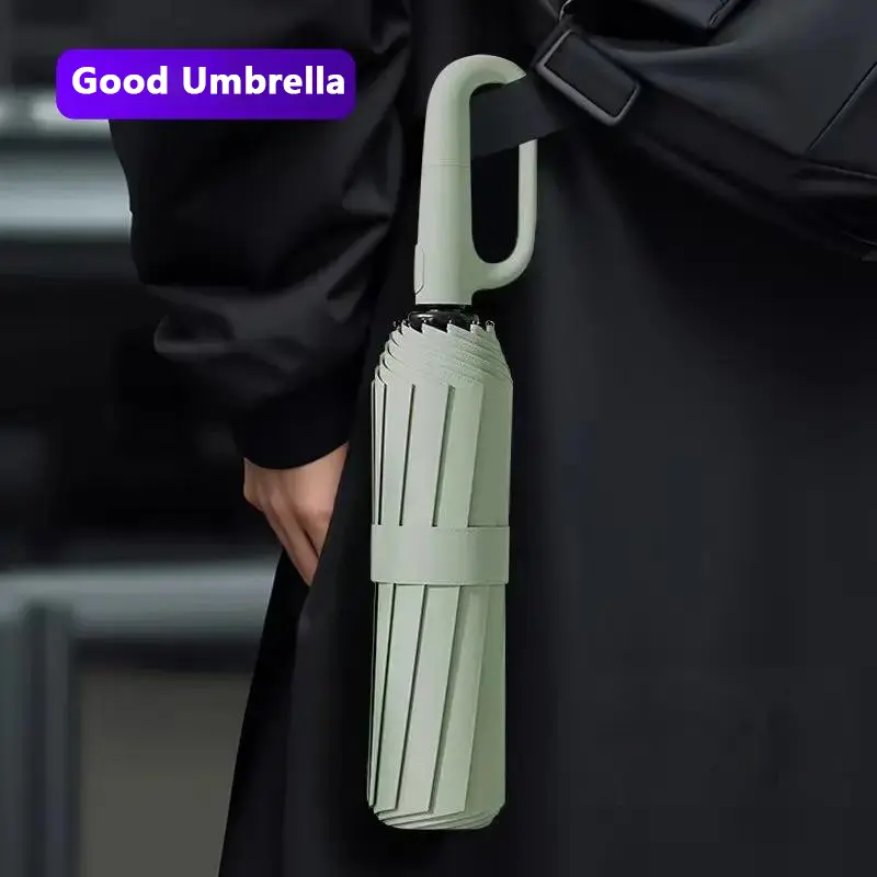Green Foldable Rainproof Automatic Umbrella, 1 Count Compact Ring Buckle Windproof Reinforced Umbrella, Durable Innovative Sun-protection Folding Umbrella for Women, Pocket Umbrella, Wind Resistant Umbrella, UV Umbrella, Suitable for Rainy Days Outdoor