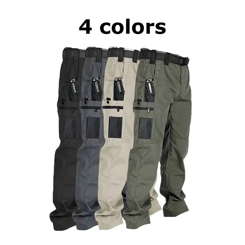 Men's 4-Pack Long Tactical Cargo Pants - Casual Fit Fitted Cut Work Pants with Buttons, 10 Pockets, Mid-Waist Polyester, Elastic Waistband, Breathable, Colorblock/Solid, All-Season, Outdoor for Construction Workers, Men's Work Pants, Army Training camping