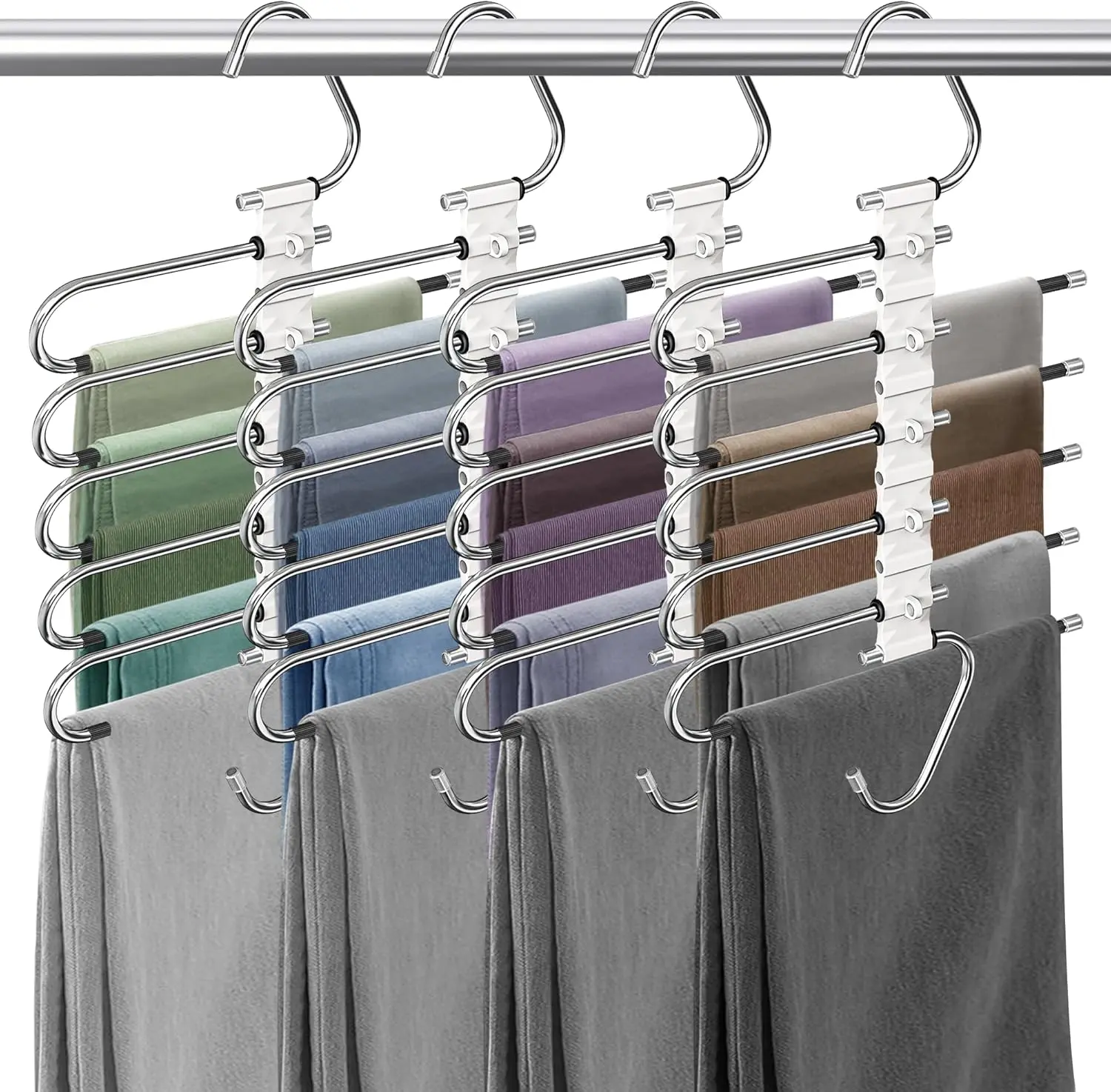 Multifunctional 9-Tier Stainless Steel Smooth Edges Durable Pants Hanger - Foldable Space-Saving Bedroom Closet Organizer for Small Spaces, Non-Slip Coating, 5 Extra Plastic Hooks, ABS Hanging for Leggings, Jeans, Multifunctional Clothes Hanger, Sturdy St