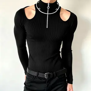INCERUN Men's Knitted Top - Autumn Gothic Punk Streetwear, Ribbed High Neck, Longsleeves, Cold Shoulder, Slim Fit, Metal Ring Zipper Mensfashion T-Shirt