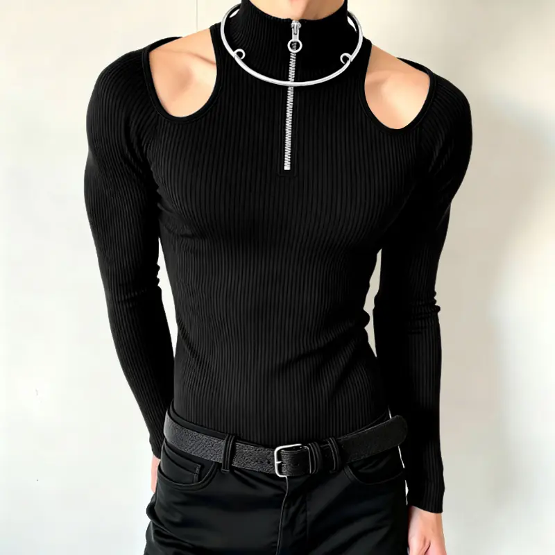 INCERUN Men's Aesthetic Gothic Ribbed Knit Pullover, Slim Fit Long Sleeve Mock Neck with Cold-Shoulder Cutouts and Metal Ring Zipper, Knitwear