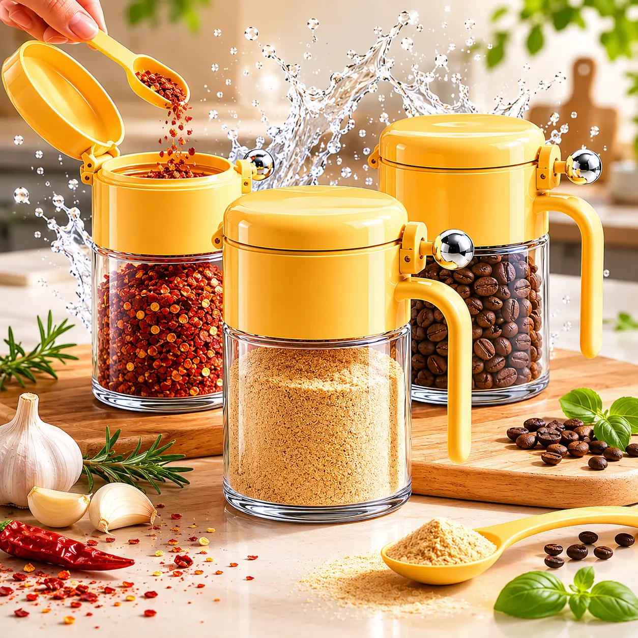 Modern 3-Jar Spice Set with 3-Piece Kitchen Utensils, Tray, Built-In Spoon, Airtight Lid & Clear-View Jars, Moisture-Proof Dustproof Spices Organizer for Seasoning, Salt, Sugar