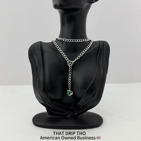 Heart Crystal Charm Slip Chain Jewelry Necklace, Adjustable Durable Thick Chain for Couples, Gf, Bf, Fashion Jewelry for Alternative Women & Men, Gothic Girl Chain Daily Collar, Altfashion Necklace with Pull Chain