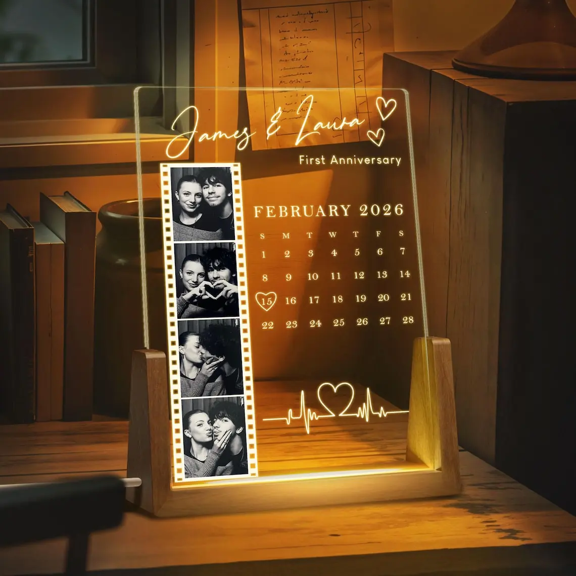 Personalized Couple Photo Frame With Calendar Night Light, Custom Gifts for Him Boyfriend, Valentines Day Gift for Bf, Anniversary Gift, Valentine's Gifts for Bf