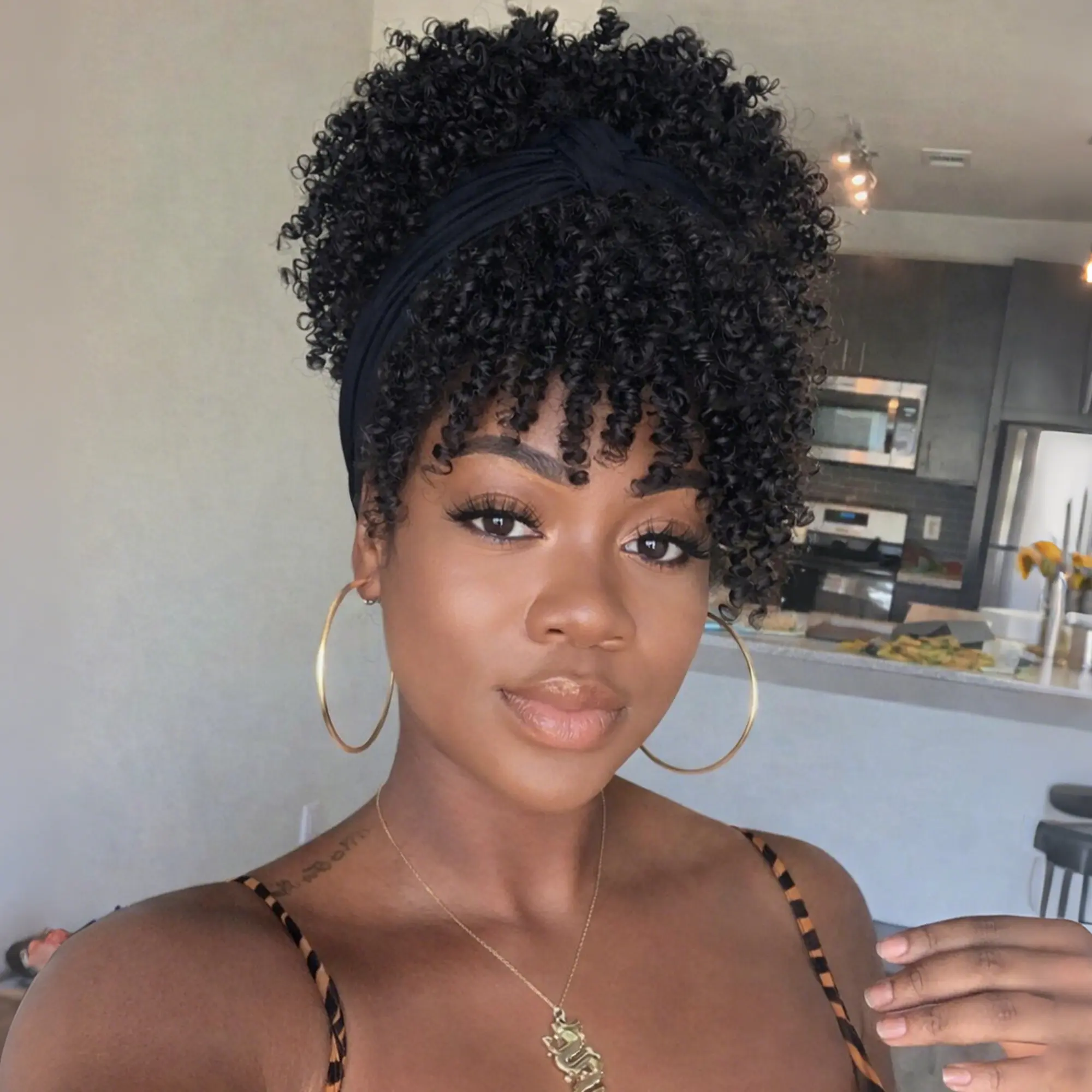 Afro Kinky Curly Headband Wigs with Bangs 2 in 1 Turban Wigs with Headband Attached Premium Heat-Resistant Fibers for Women wrap strap, Glueless Wig, Synthetic Curly