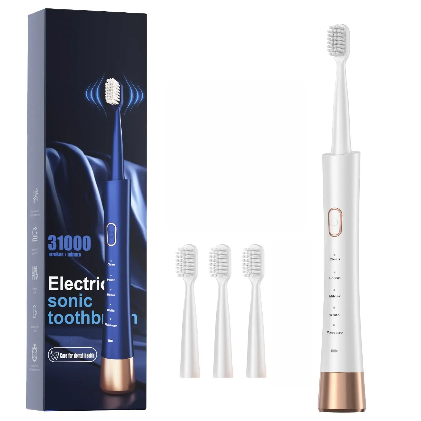Sonic Whitening Electric Toothbrush, Rechargeable for Oral Care with 5 Modes, 3 Brush Heads & Smart Timer, Sensitive-Friendly for Adults, Customized Brushing Experience, Wireless Charger, Cordless, Waterproof, Ergonomic, Water Proof, Cleansing, Plaque Rem