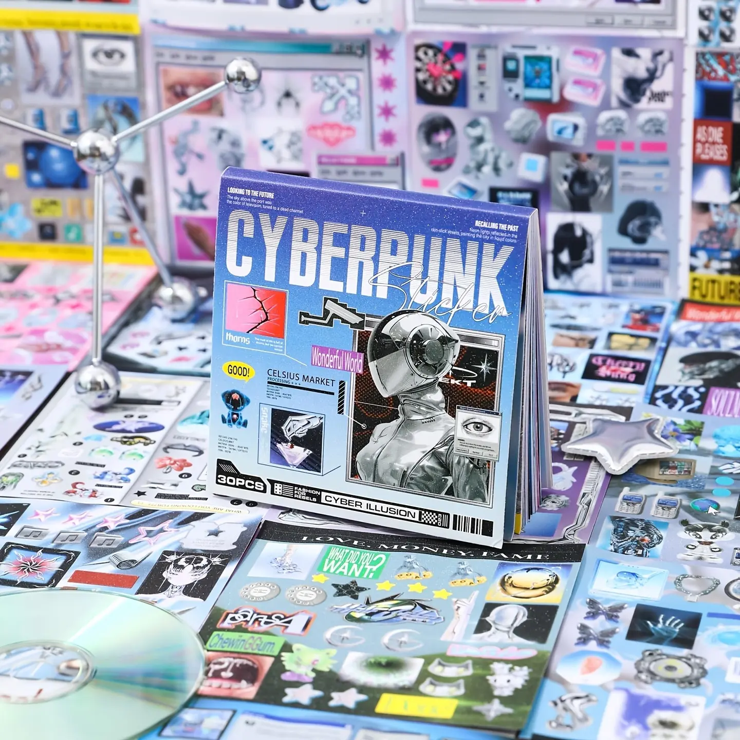 Cyberpunk Die-Cut Sticker Book - 30 Pages, 10 Matte Pages, 12.5cm, Office Stationery for Journaling, DIY Decoration, Nail Art