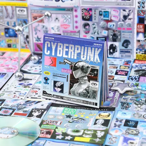 Cyberpunk Die Cut Stickers Album - 30-Pocket Office Stationery, 12.5*12.5cm Coated Glossy Little Shinning Pages, Aesthetic Diary Sticker Pack for DIY Decoration, Journaling