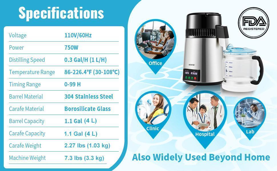 VEVOR 1.1 Gal Water Distiller, TikTokShopBlackFriday, 0.3 Gal/H, 750W Distilled Water Maker Machine 0-99H Timing Set Temp Display, 304 Stainless Steel Countertop Distiller Glass Carafe Cleaning Powder 3 Carbon Packs, Silver