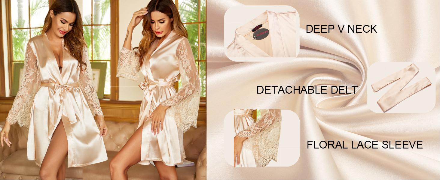 Avidlove Women's Satin Kimono Robe for Bridesmaid and Bride Wedding Party Getting Ready Short Robe with Floral Lace Sleeves & Classic V-Neck Design