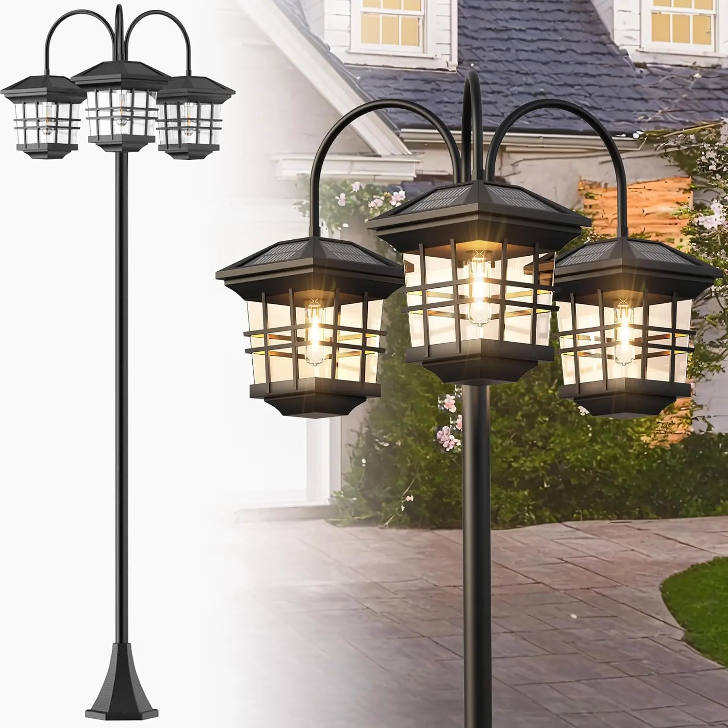 76" Classic Black Solar Lamp Post Lights - 3-Head Waterproof Outdoor Street Lights, Pole Light Decorative Lamp for Backyard, Garden, Driveway, Lawn (LED Bulbs Included)