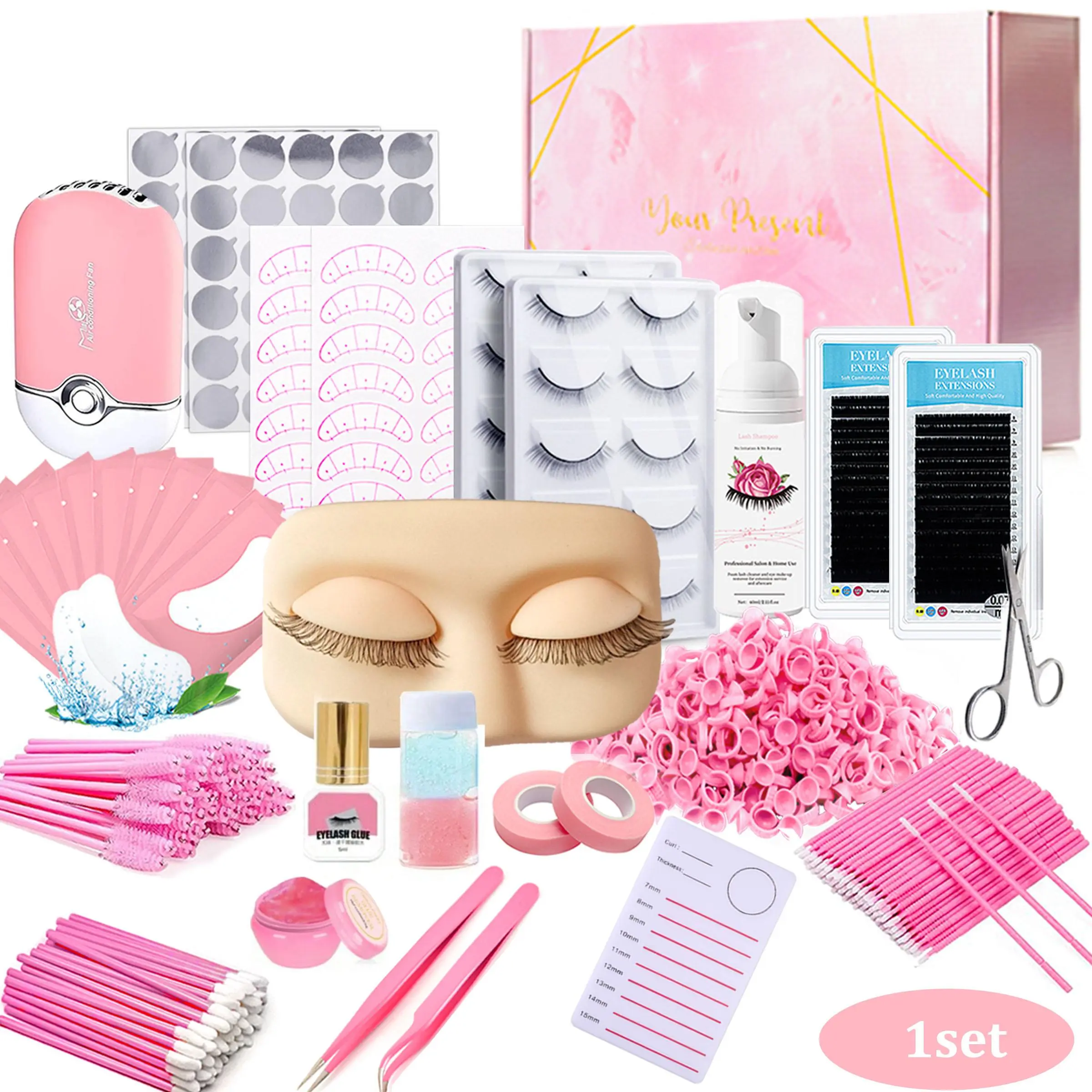 Eyelash Extension Kit with Box, Eyelash Extension Supplies, Professional Eyelashes Extension Set for Beginners, Including Practice Mannequin Head, Lash Trays, Glue and Tweezers