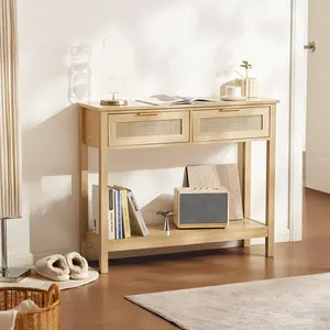 VEVOR Rattan Console Table with 2 Storage Drawers Rattan Sliding Door Natural,  , Rattan Entryway Table with Storage, Small Console Tables for Entryway, Entry Table for Hallway, Living Room Table