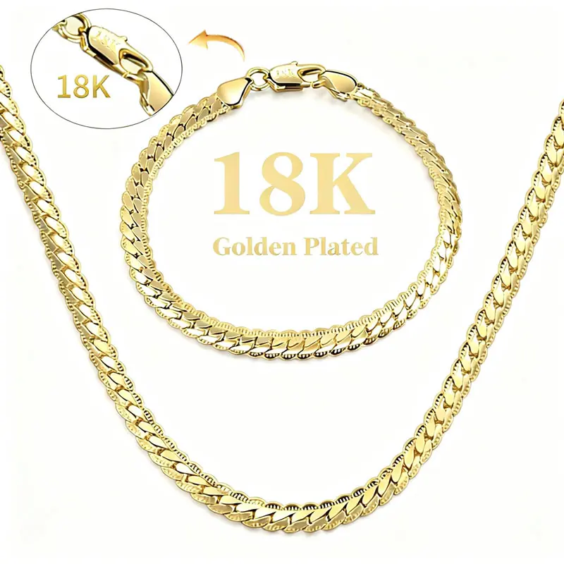 2pcs/set 18K gold-plated Full-side  necklace and bracelet Vintage Feel Stainless Steel Anti-Rust Technology Waterproof Sweatproof Perfect Christmas Gift for men and women Width 5mm, Length 20/22/24 inchescircle chains tarnish proof jewelry