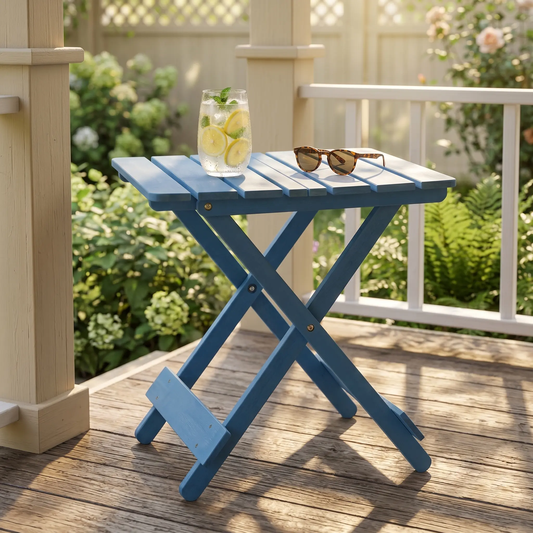 Solid Wood Portable Folding Square Patio Table, Sturdy X-Frame Foldable Outdoor Side End Table, Space-Saving Lightweight Weatherproof Small Accent Coffee Table for Backyard Balcony Garden Camping Picnic Beach RV Apartment Small Outdoor Indoor Spaces