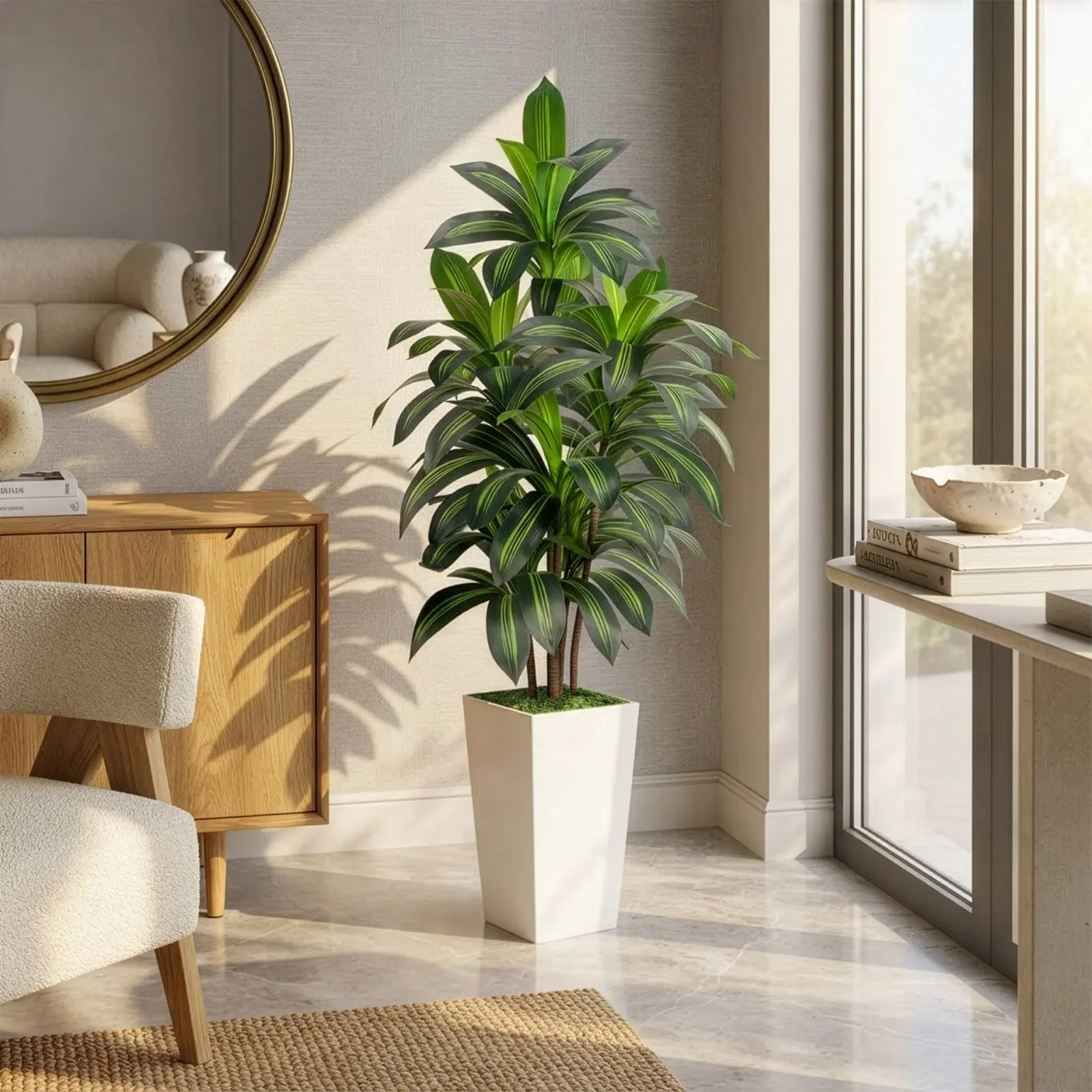 ROMSWI 5FT/6FT Artificial Dracaena Tree with 15.7" White Planter, 60" Tall Faux Potted Plant with Lifelike Green Leaves for Indoor & Outdoor Home, Office & Living Room Decor