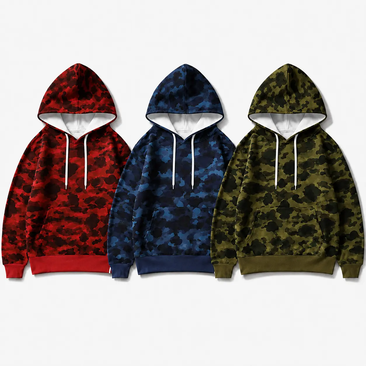 3PACK 2026 Unisex Polyester Casual Pullover Round Neck Hoodie Tops - Camouflage, Lazy Style, Korean Loose Fit, Kangaroo Pocket, Autumn Winter Sports Outerwear Sweatshirts