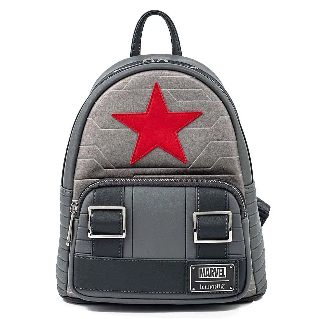 Mini Backpack with Winter Soldier Cosplay Look, Casual Unisex Bookbag with Applique, Debossed, and Printed Details, Faux Leather, Loungefly, Mini Size, W 9" X H 10.5" X D 4.5", Graphic