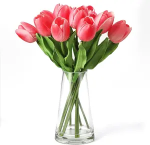 Premium Artificial Tulks - 10 Stems Realistic Faux Silk Tulips Flowers with Bendable Stems and Glass Vase, Ready-to-Display Home Décor,Rose Red