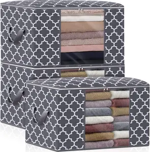 Storage Bags, Large Blanket Clothes Organization and Storage Containers for Bedding, Comforters, Foldable Organizer with Reinforced Handle, Clear Window,Sturdy Zippers,(Grey, 3 x 100L)