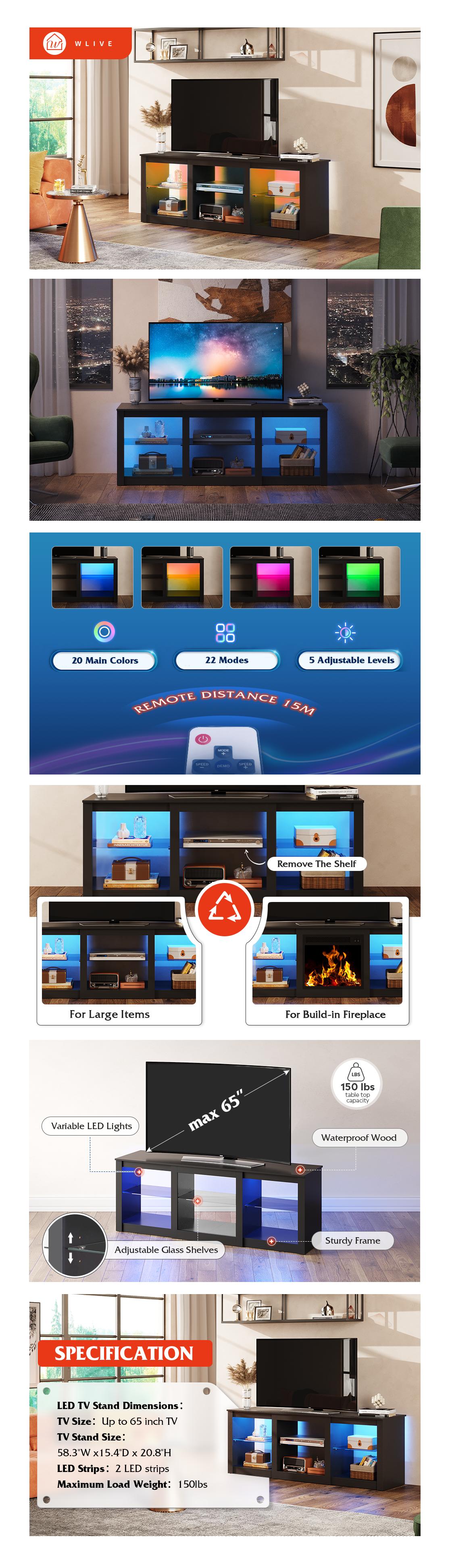 WLIVE LED TV Stand for 65-Inch TV, 58-Inch Entertainment Center with Adjustable Glass Shelves, Modern Media Console for Living Room & Bedroom