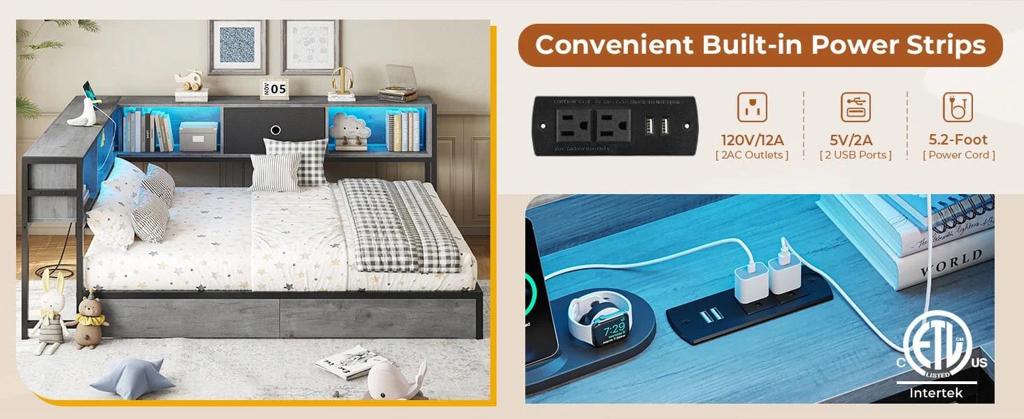 Sikaic LED Daybed with Storage Drawers and Bookcase Headboard Oak Gray Sikaic LED Daybed with Storage Drawers and Bookcase Headboard Oak Gray