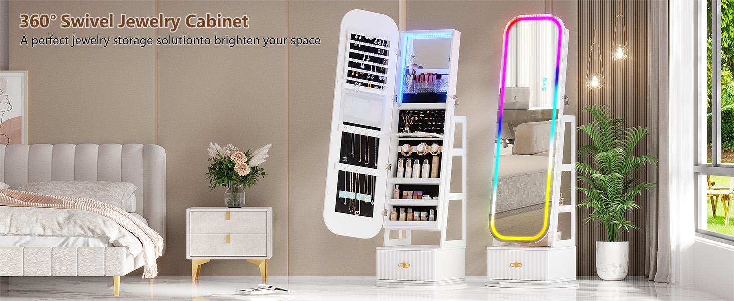 Miu Round-Corner Design Full-RGB exterior length Mirror with 360° & LED-Features, Bottom Drawer Storage, Lockable Design Brush Cabinet Decor Safety