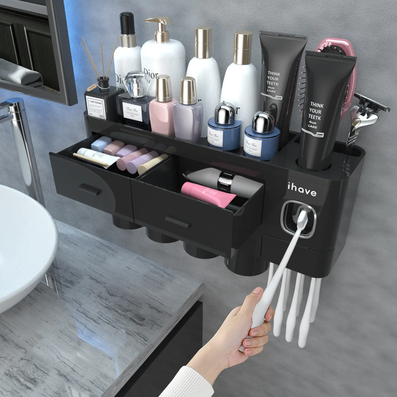iHave 2-4 Cup Toothbrush Holders for Bathrooms - Wall Mounted with Toothpaste Dispenser - CosmeticDrawe, Large Capacity Tray & Bathroom Accessories Bottles Home Goods Organizer Organizing tiktokshopspringglowup summervibes,home essentials