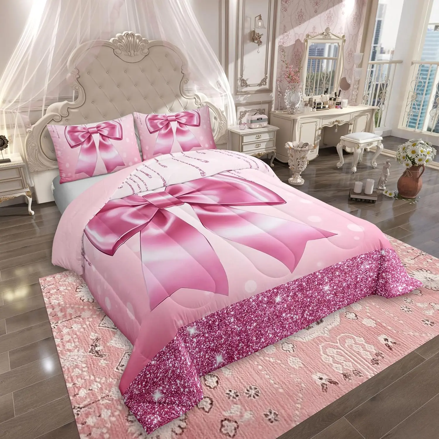 Feelyou Queen Size Bed Comforter Set - Kids Preppy Pink Glitter Bow Coquette Bedding, Soft Breathable Light Weight Blanket, Soft Comfy Quilt Duvet Insert, Soft Breathable Bedding
