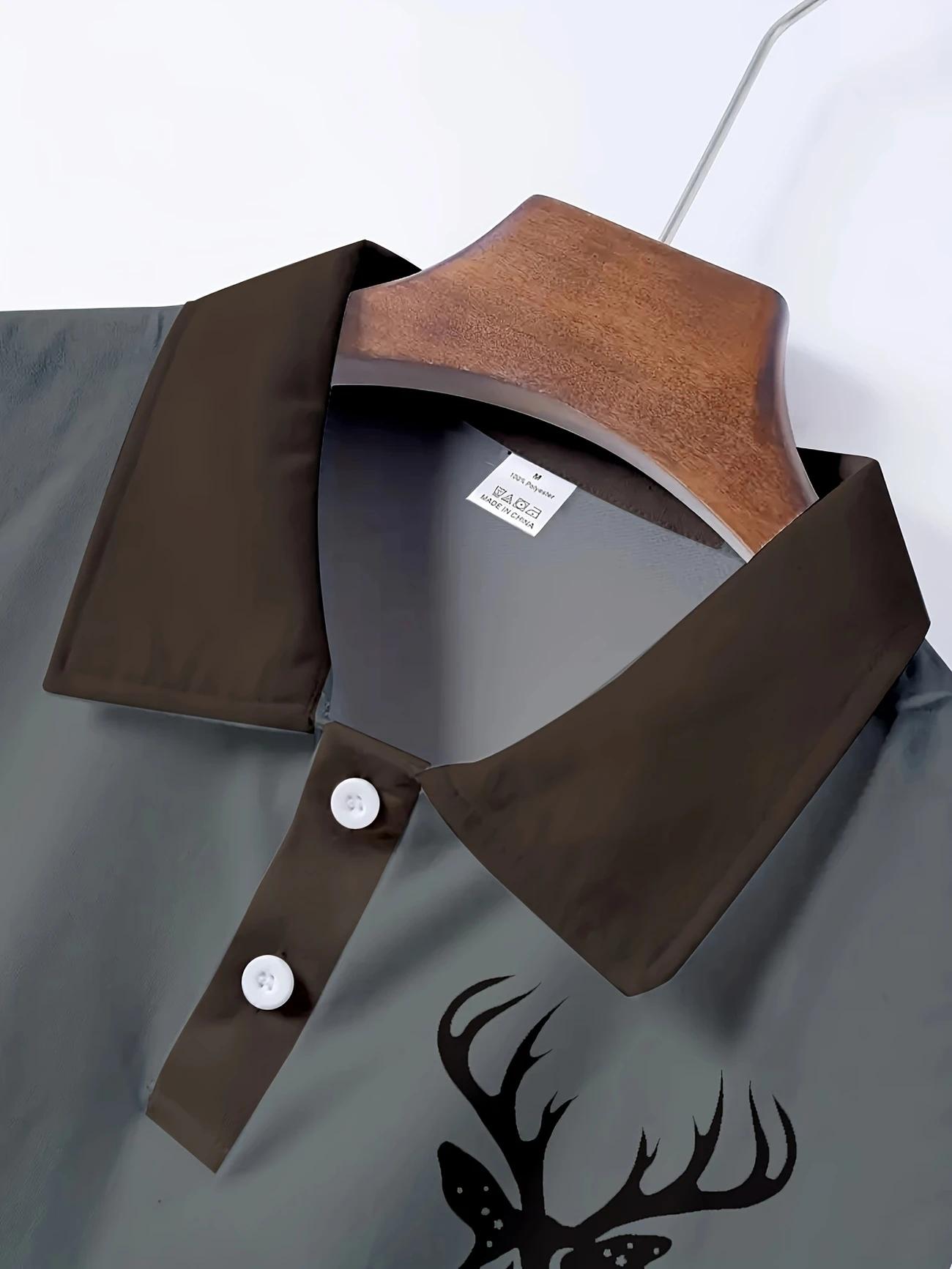 Men's Camouflage Quick Drying Shirt - Casual Outdoor Style, Deer Head Print, Short Sleeve, Button Neck, Summer Hunting and Hiking Clothing, Hiking Equipment Golf Polo Golf Apparel