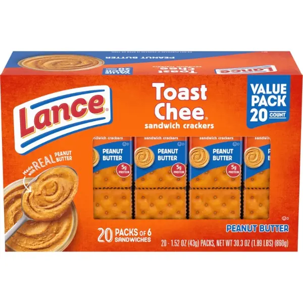ToastChee Peanut Butter Sandwich Cracker Snacks - 20 Individually Wrapped Packaged Snack Bags Sandwich, 6 Crackers Each, High Protein Peanuts Treat, Crunchy and Creamy Texture, Pantry Staple, Freshness and Portion Control for Adults, Road Trips