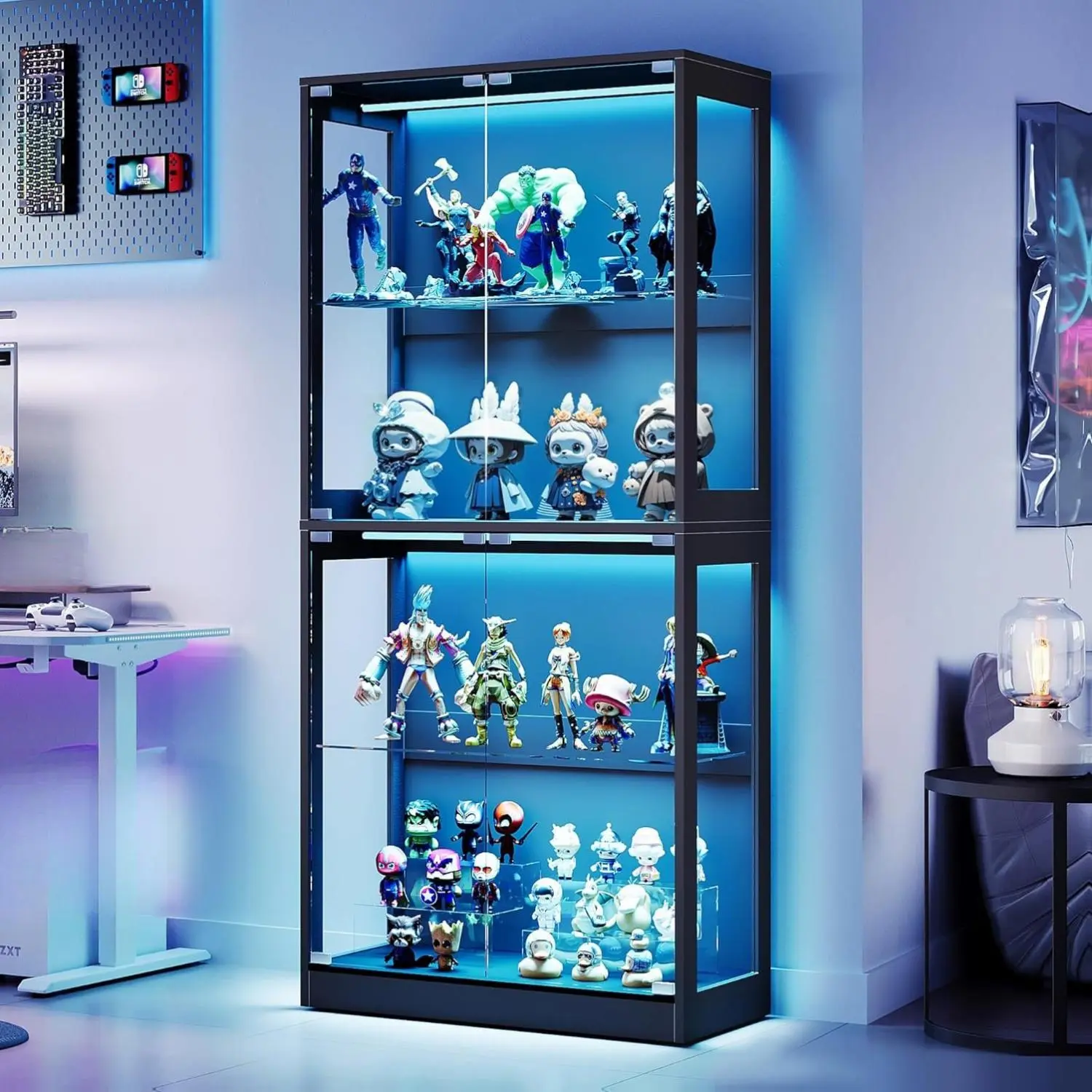 AMERLIFE RGB Display Cabinet with Adjustable Glass Shelves, 4-Tier Storage Case with LED Lights & Press-to-Open Doors, Modern Display Shelf for Collectibles, Black/Best Gift Ideas/Christmas Gifts[tiktokshopbacktoschool][SohoChic]