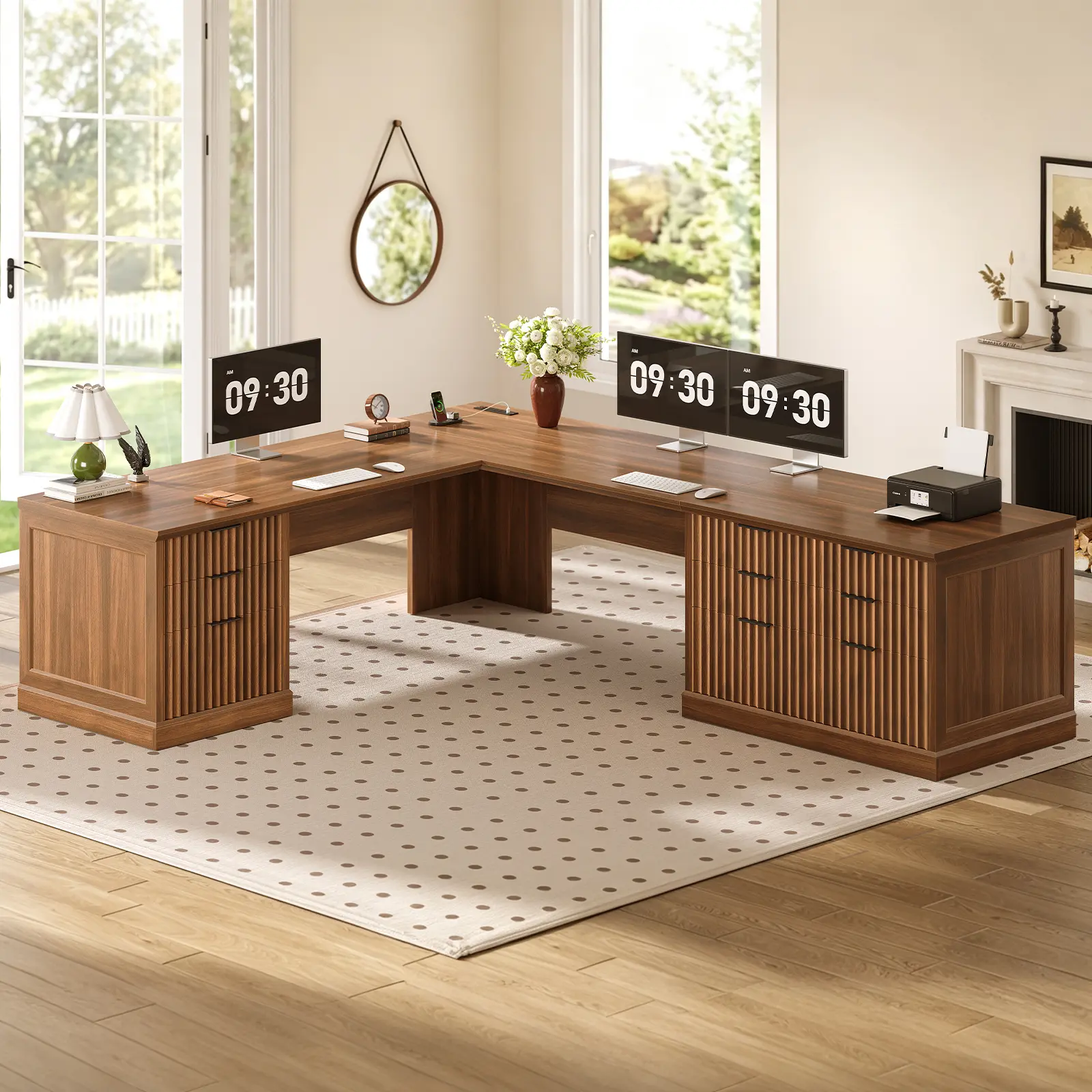 SEDETA Fluted 78.8" L Shaped Desk with 6 Drawers, Fluted Oak | Home Office Desk with Power Outlet, File Cabinet Storage, Wood Corner Computer Desk for Work and Study