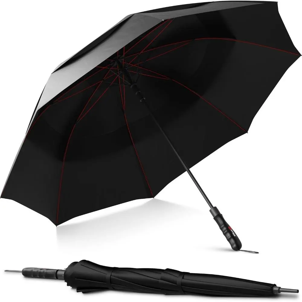 Adult Extra Large Windproof Golf Umbrella - 60" Wide Vented Double Canopy, Teflon Waterproof Coating, Reinforced Fiberglass Ribs, Automatic Auto-Open, UV Protection, Portable for Golf Course Use, Golfers