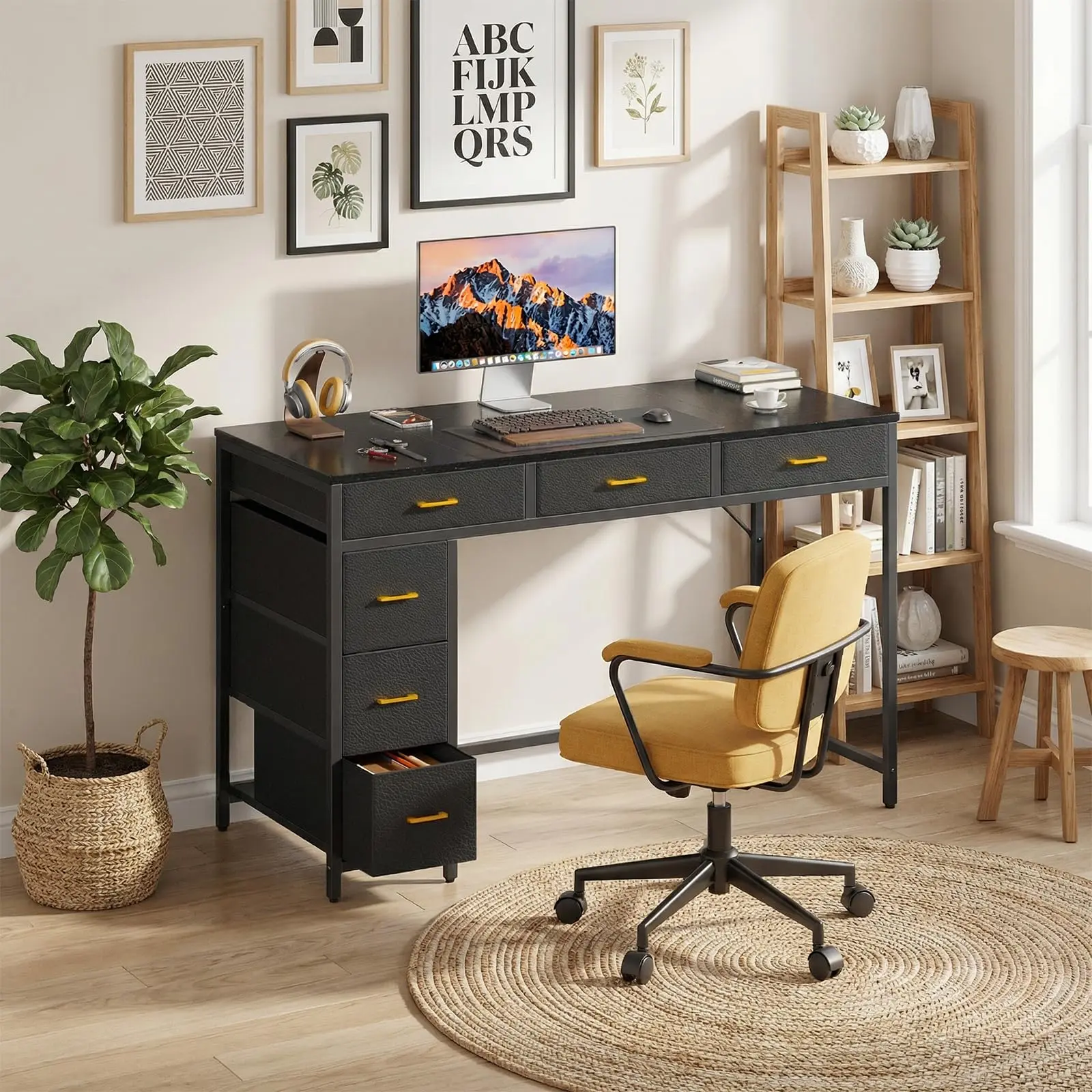 47" Durable Bamboo Computer Table - 6-Drawer Office Furniture with Large Storage, Ideal for Dual Monitor Setup, Home Office Ideas, Work from Home (Black)
